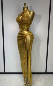 Monroe sparkly rhinestones top and long skirt two-piece evening outfit for women.