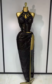 Monroe sparkly rhinestones top and long skirt two-piece evening outfit for women.