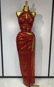 Monroe sparkly rhinestones top and long skirt two-piece evening outfit for women.