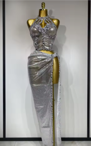 Monroe sparkly rhinestones top and long skirt two-piece evening outfit for women.