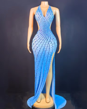 Nyomi sparkly rhinestone halter mesh transparent prom dress with shimmering details and elegant sheer fabric.