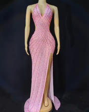 Nyomi sparkly rhinestone halter mesh transparent prom dress with shimmering details and elegant sheer fabric.
