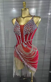 Zyah silver rhinestone chain transparent red birthday prom dress.