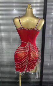 Zyah silver rhinestone chain transparent red birthday prom dress.