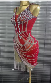 Zyah silver rhinestone chain transparent red birthday prom dress.