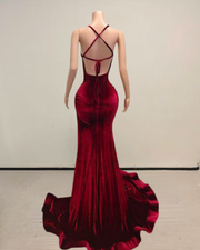 Naomi gold lace appliques mermaid prom dress with front split.