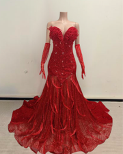 Zoe red rhinestone long prom dress with sparkling details and matching gloves.