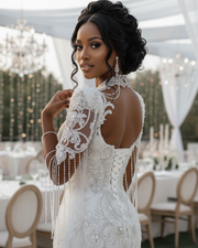 Summer mermaid wedding dress with high neck, fitted silhouette, and elegant detailing for brides.