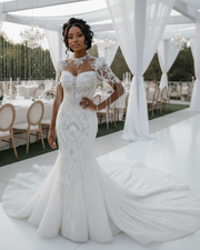 Summer mermaid wedding dress with high neck, fitted silhouette, and elegant detailing for brides.