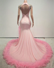 Pink and silver crystal mermaid prom dress with dramatic ruffled ostrich feather train