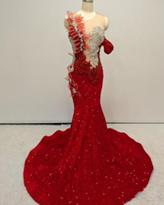 Red sequin mermaid gown with illusion bodice and 3D floral appliqué