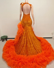 Orange sequin mermaid prom dress with deep V neckline and ruffled tulle train