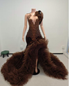 Brown sequin mermaid prom dress with deep V neckline and ruffled tulle train
