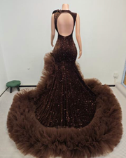 Brown sequin mermaid prom dress with deep V neckline and ruffled tulle train