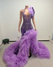 Purple sequin mermaid prom dress with deep V neckline and ruffled tulle train