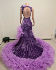 Purple sequin mermaid prom dress with deep V neckline and ruffled tulle train