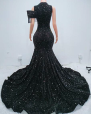 Off shoulder sequin mermaid prom dress with fringe details and geometric pattern