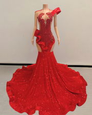 Mermaid prom dress with flounce detailing and a long shimmering sequin train