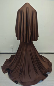 Dark Brown Cleo beaded mermaid prom dress with detachable beaded cape for prom, evening parties, or red carpet events.