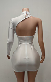 Silver rhinestone one-shoulder mini dress with sparkly detailing for party and nightlife wear.