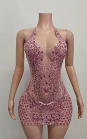 Halter birthday cocktail dress with rhinestones, beads, and crystal embellishments for parties and celebrations.