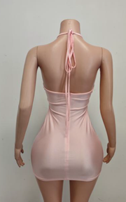 Halter birthday cocktail dress with rhinestones, beads, and crystal embellishments for parties and celebrations.