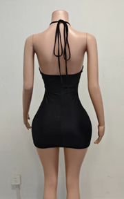 Halter birthday cocktail dress with rhinestones, beads, and crystal embellishments for parties and celebrations.