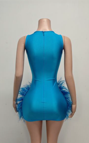 Blue mini birthday dress with rhinestones and feather details for parties and celebrations.