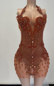 Halter birthday dress with sparkling beads, diamonds, and crystal details for parties and special occasions.