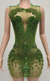Sheer mini birthday dress with crystal beading and see-through mesh for party and nightlife wear.