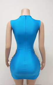 Sheer mini birthday dress with crystal beading and see-through mesh for party and nightlife wear.