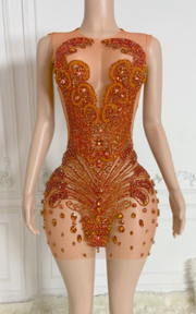 Sheer mini birthday dress with crystal beading and see-through mesh for party and nightlife wear.