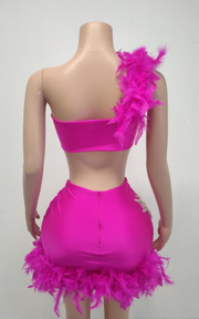 Strapless rhinestone two-piece dress with feather high-waist skirt for birthday and party wear.