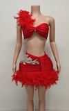 Strapless rhinestone two-piece dress with feather high-waist skirt for birthday and party wear.