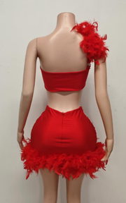 Strapless rhinestone two-piece dress with feather high-waist skirt for birthday and party wear.