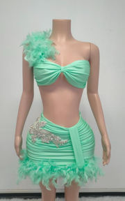 Strapless rhinestone two-piece dress with feather high-waist skirt for birthday and party wear.