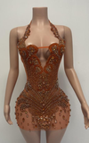 Luxury halter mini cocktail dress with rhinestones sleeveless birthday party outfit.