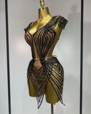 Luxury backless rhinestone mini cocktail dress for women, sexy sparkling party outfit.