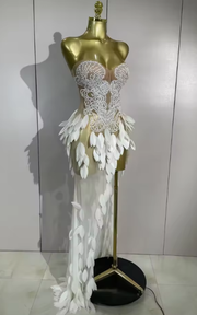 Strapless sheer mesh maxi dress with pearl embellishments for women’s elegant evening and birthday wear.