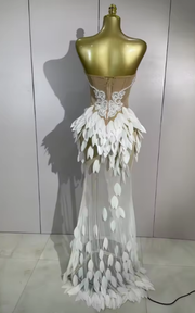 Strapless sheer mesh maxi dress with pearl embellishments for women’s elegant evening and birthday wear.