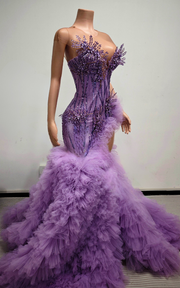 Purple beaded crystal ruffled high slit long prom dress