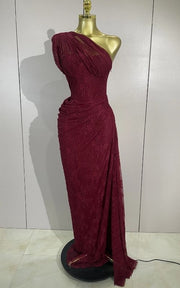 Vintage Red Lace One Shoulder Bodycon Long Dress