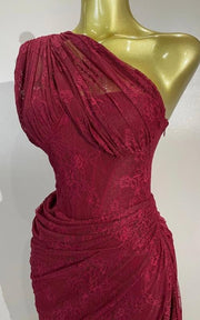 Vintage Red Lace One Shoulder Bodycon Long Dress