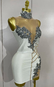 Sparkly Diamond Spandex Mesh Sheer Spliced Mini Birthday Dress