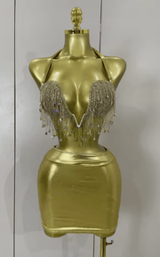 Kate Luxury Shiny Diamond Chain Two Piece Top and Mini Dress Set