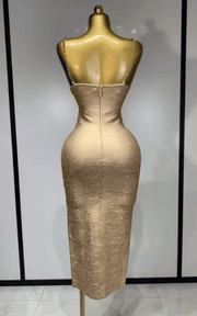 Emily Sexy Cut Out Beaded Bronzing Gold Midi Bandage Dress