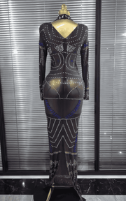 Kendra Colorful Rhinestone Long Sleeve Sheer Mesh Bodycon Long Dress