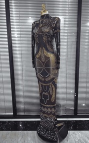 Kendra Colorful Rhinestone Long Sleeve Sheer Mesh Bodycon Long Dress