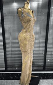 Caroline Golden Rhinestone Sleeveless V Neck Sheer Mesh Bodycon Long Dress