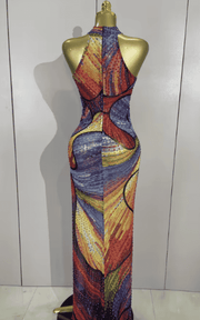 Kate Sparkly Rhinestone Floral Print High Split Mesh Maxi Dress